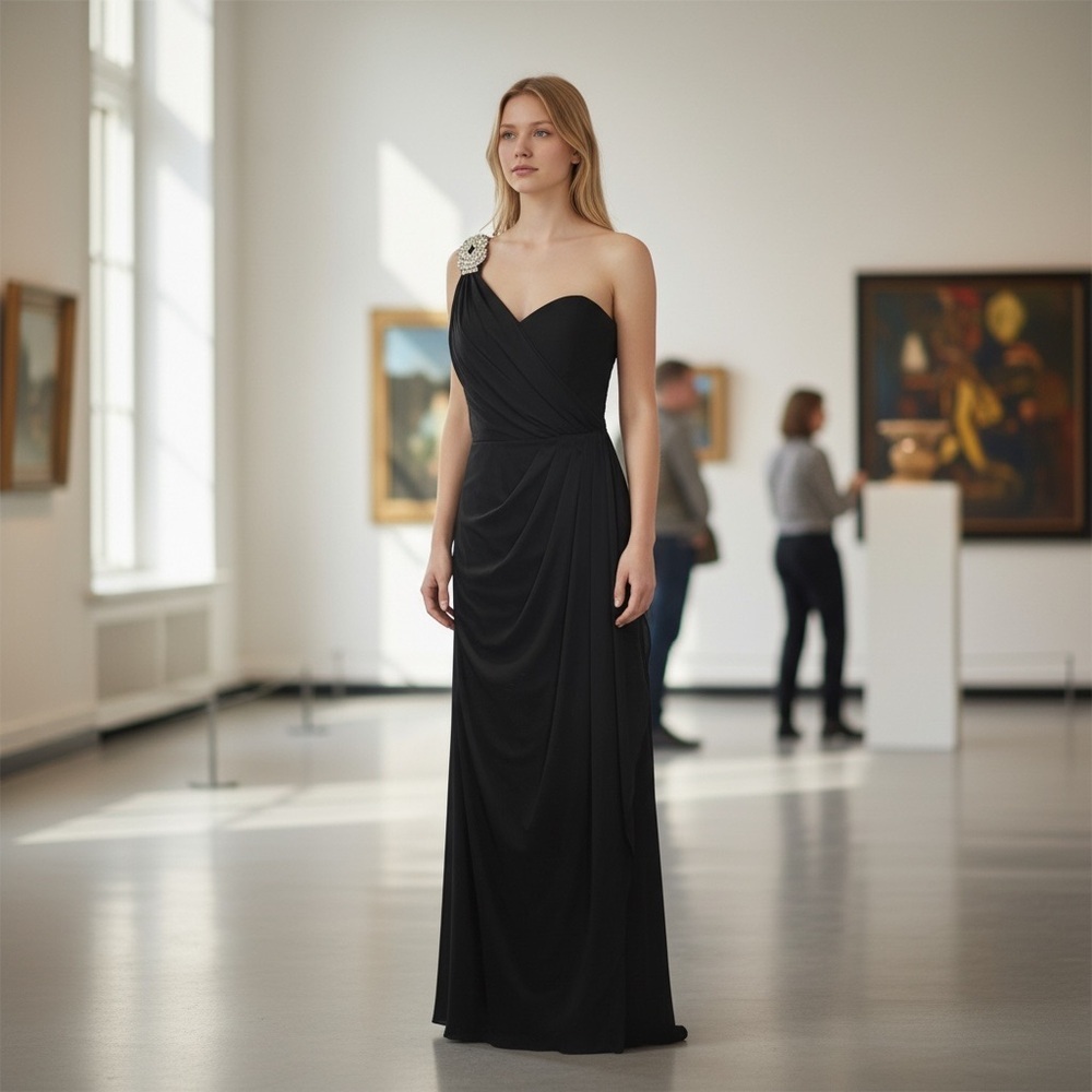 D23 Camille La Vie Black One-Shoulder Evening Gown with Embellished Shoulder